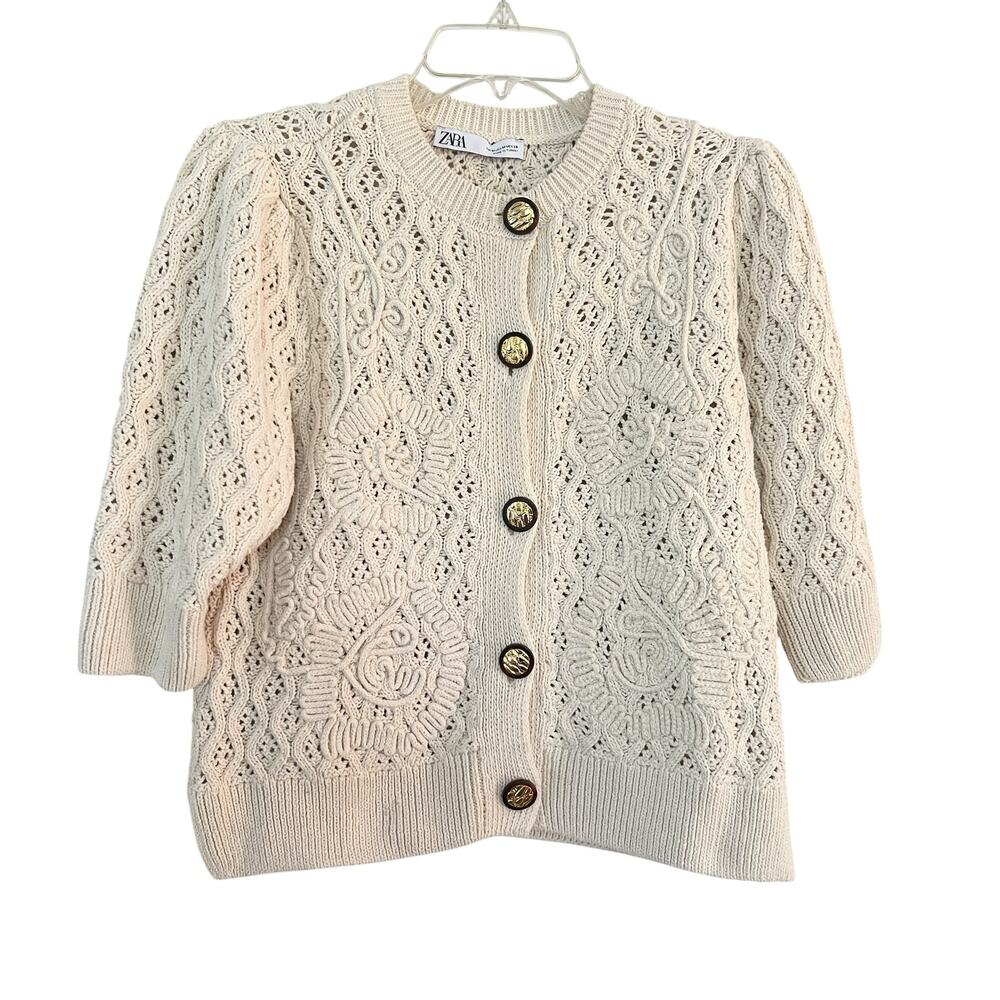 Zara Cream Open Knit Cable Cardigan Gold Button Cottagecore Coquette M